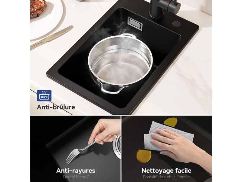  Cecipa max évier en granit 30x45cm - évier de cuisine noir - avec trou de robinet - crépine et siphon inclus  - Conforama D