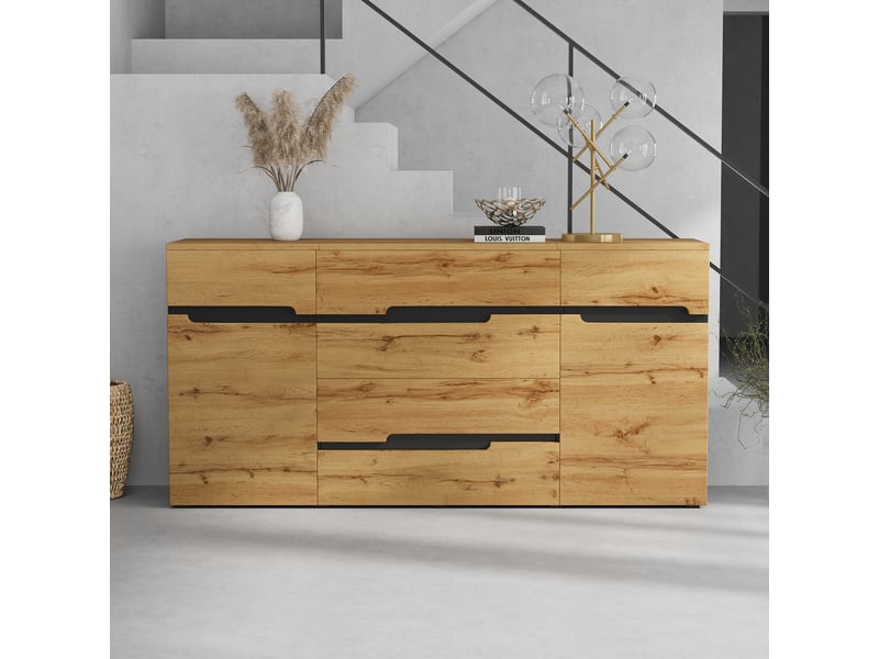  Buffet large 160x40x80 cm, meuble bas étroit idéal couloir, 2 portes et 4 tiroirs pour rangement  - Conforama B