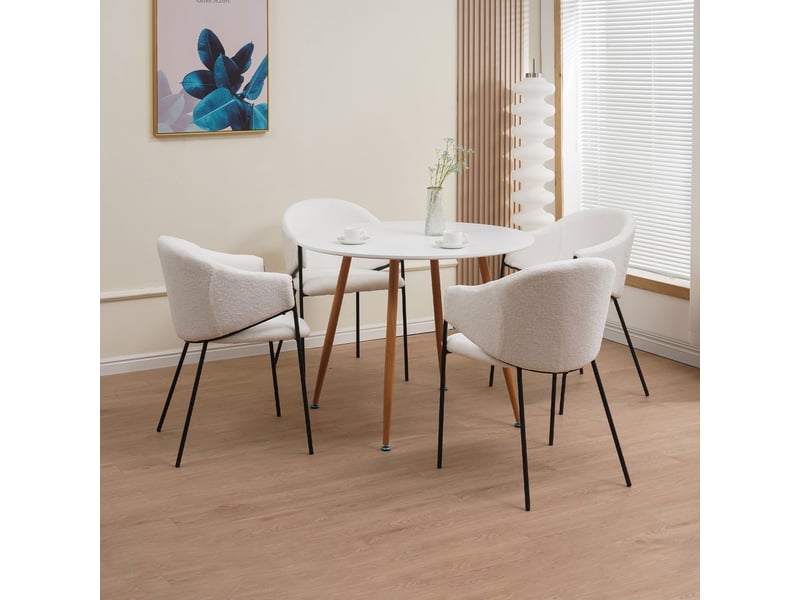  Ensemble repas table ronde + 4 fauteuils bouclette blanc - scandi  - Conforama A