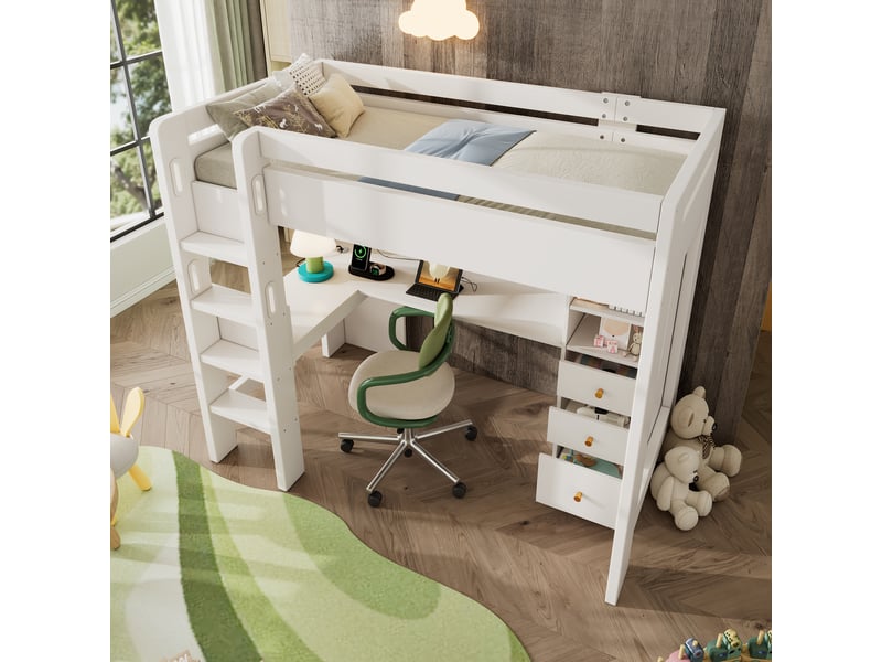  Lit mezzanine 90 × 200 cm 1 place avec bureau d'angle, 3 étagères, 3 tiroirs, usb et type-c, sans matelas, blanc  - Conforama E