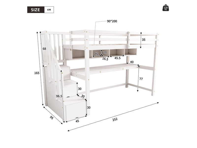 Lit mezzanine enfant 90x200 cm avec escalier de rangement et bureau, bois et mdf, blanc, sans matelas - Conforama C