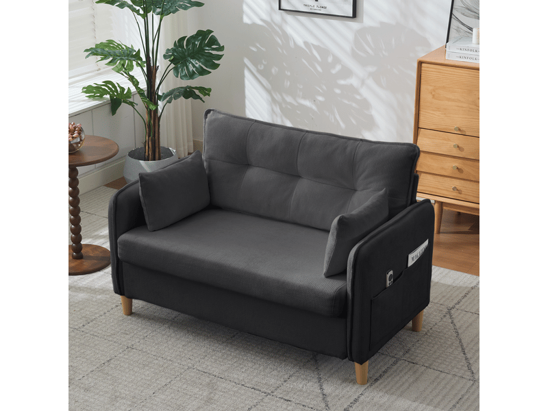 Canapé 2 places compact de 127 cm en tissu chenille gris foncé, avec accoudoirs, coussins inclus et poches latérales - Conforama E