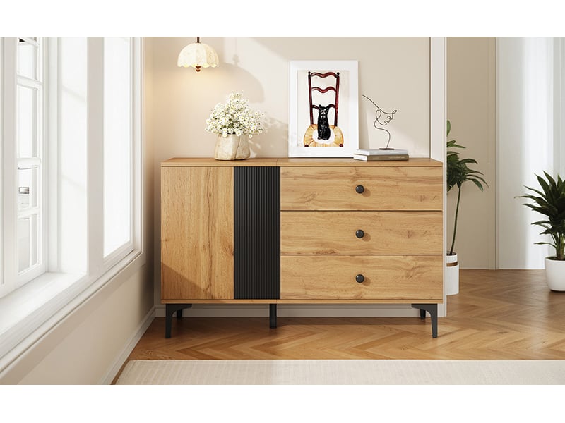  Buffet moderne 120x35x76 cm, meuble rangement noir et naturel avec portes et tiroirs, design contemporain pour salon ou cuisine  - Conforama R