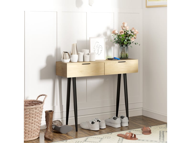  Meuble d'entrée avec 2 tiroirs et pieds en acier, chêne, 100 x 30 x 80,5 cm  - Conforama C