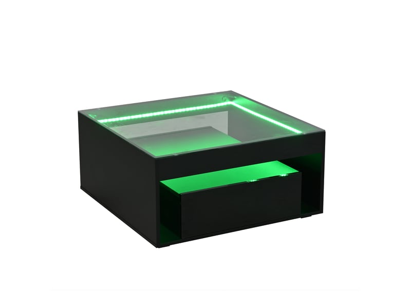 Table basse carrée avec 2 tiroirs et 1 niche ouverte, led, plateau en verre trempé, en mdf, noir - uvrion - Conforama A