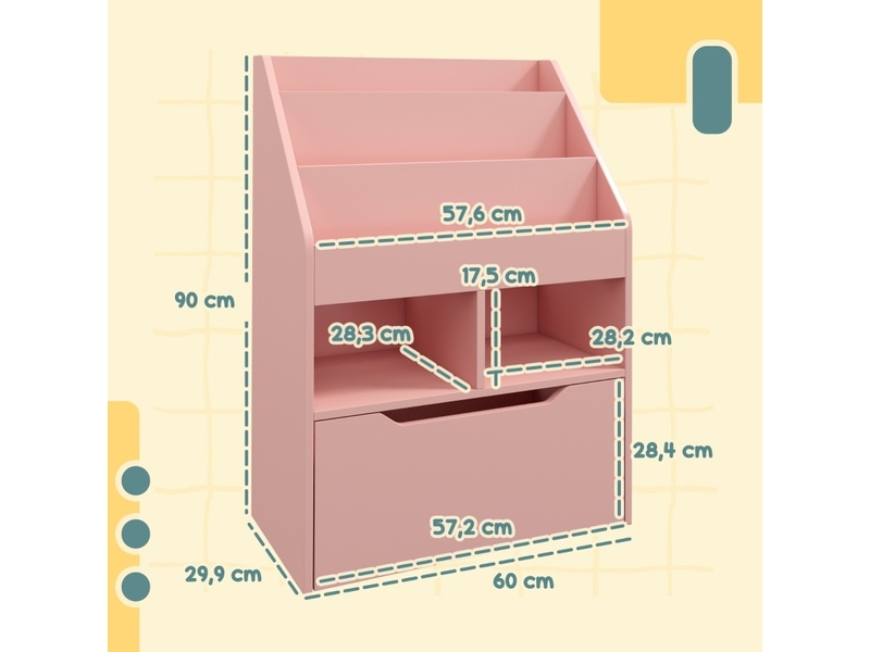  Bibliothèque enfant 60 x 29,9 x 90 cm rose en mdf, 3 niveaux, 2 niches et tiroir de rangement  - Conforama C