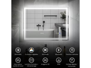 Miroir salle de bain led bluetooth interrupteur tactile lumière réglable 3 couleurs anti-buée mémoire argent 60 x 80 cm