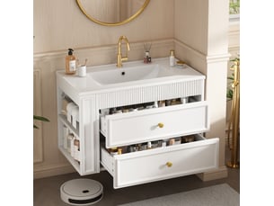 Meuble sous vasque mural avec 2 tiroirs, niche latérale, porte-papier et vasque en céramique pour salle de bain