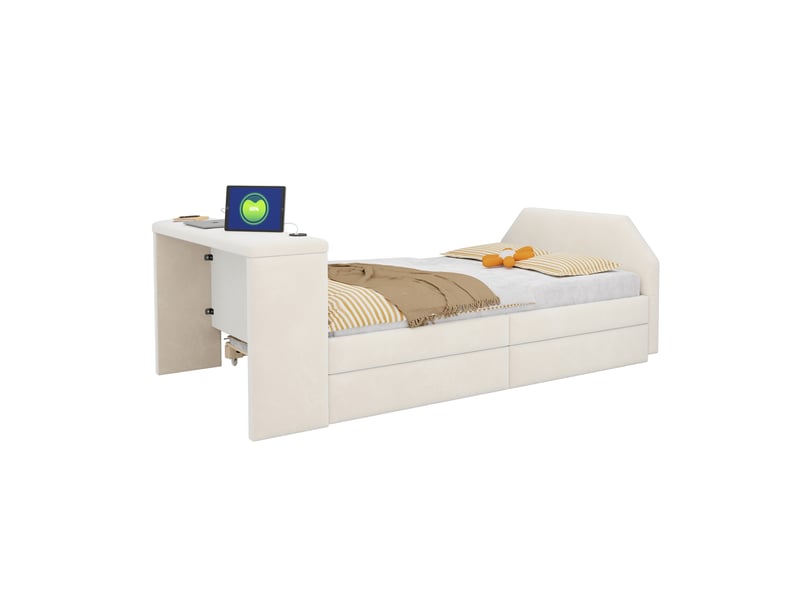 Lit gigogne enfant 90 × 200 cm avec bureau, usb et couchage d’appoint, sans matelas, en velours beige - Conforama E