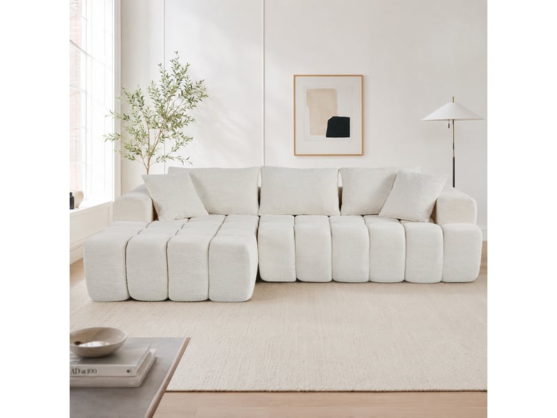 Canapé-lit d'angle ulevr modulable en velours blanc, 249,94 cm, avec méridienne gauche et coussins - Conforama B