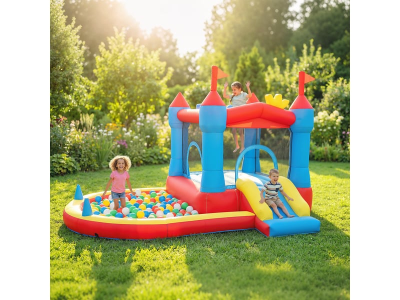  Château gonflable avec souffleur, toboggan, trampoline, pataugeoirepiscine à balles, pistolet à eau, 342 x 255 x 209 cm, bleu  - Conforama D