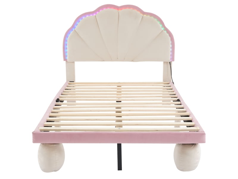  Lit enfant rembourré 90 x 200 cm en velours beige et rose avec led Fay Lum - Conforama A
