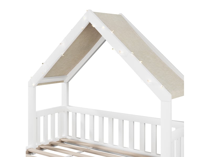  Lit cabane enfant 140x200 cm blanc mdf et pin, toit tissu et guirlande lumineuse  - Conforama E