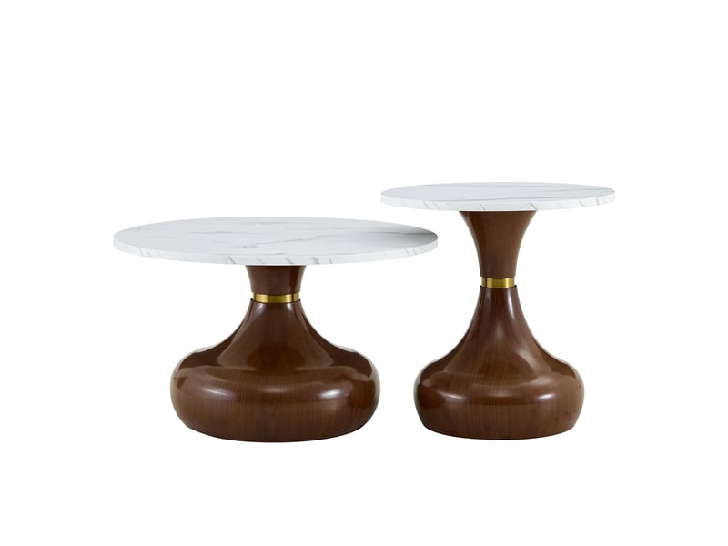 Tables basses gigognes avec 2 plateaux effet marbre et pieds sablier, style moderne, blanc et noyer, pour salon  - Conforama A