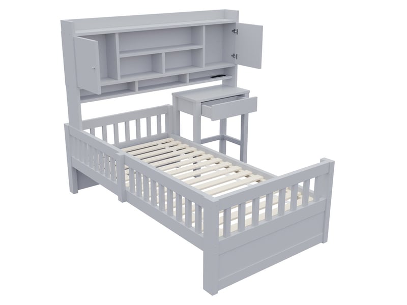  Lit multifonction en bois pour enfant 90 x 200 cm – avec étagères - bureau+1 tiroir - éclairage led +prise électrique – gris (matelas non inclus)  - Conforama W