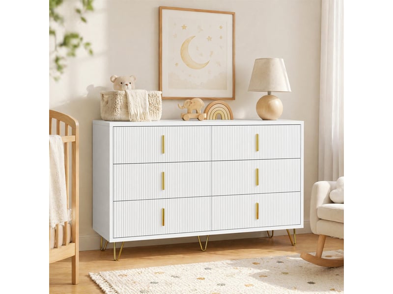 Chiffonnier 6 tiroirs 120x40x77 cm, finition blanc+doré en panneaux de particules, commode au design design - Conforama B