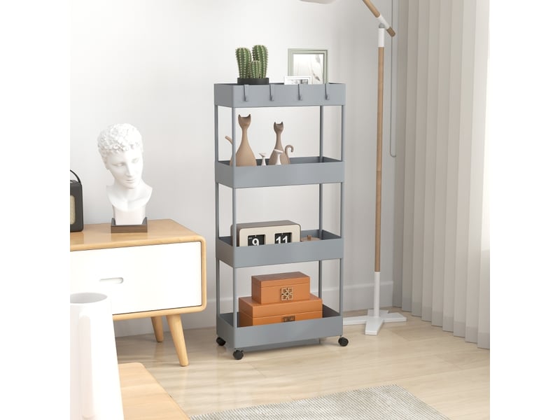 Chariot de cuisine - meuble de rangement 4 niveaux avec frein et crochets amovibles, plastique gris - 40x19x90 cm  - Conforama B