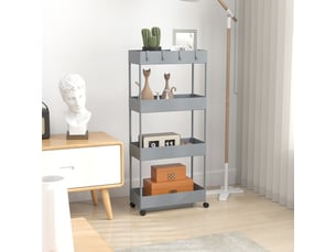 Chariot de cuisine - meuble de rangement 4 niveaux avec frein et crochets amovibles, plastique gris - 40x19x90 cm