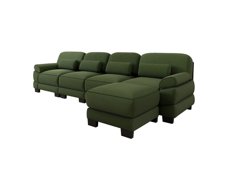  Canapé modulable en l 4 places 336x161x94 cm avec pouf, assise profonde, combinaison flexible, tissu côtelé vert design  - Conforama A