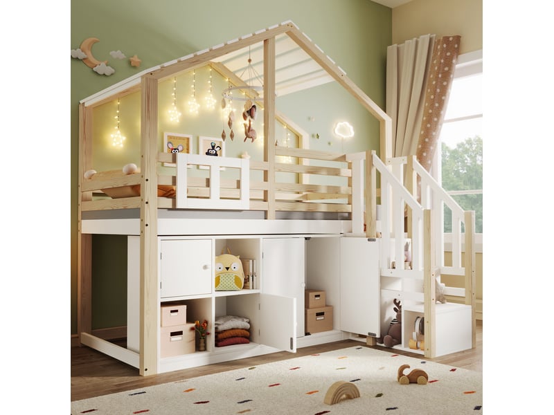  Lit mezzanine enfant 90 x 200 cm cabane avec rangements, escalier, blanc et bois  - Conforama B