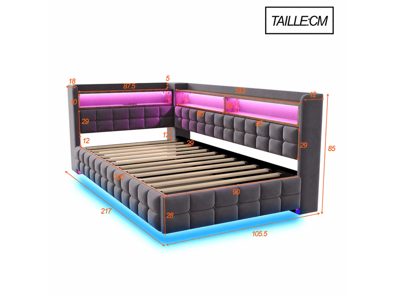  Lit banquette simple 200x90 cm en velours avec coffre hydraulique, prises usb, led et étagères, sans matelas, gris  - Conforama D