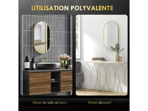 Miroir ovale mural cadre en aluminium style minimaliste montage vertical ou horizontal avec 3 crochets doré 40 x 70 cm