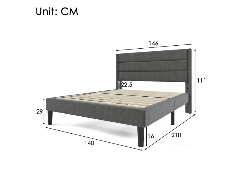 Lit double 140x200 avec sommier à lattes et tête de lit gris foncé evryae - Conforama E