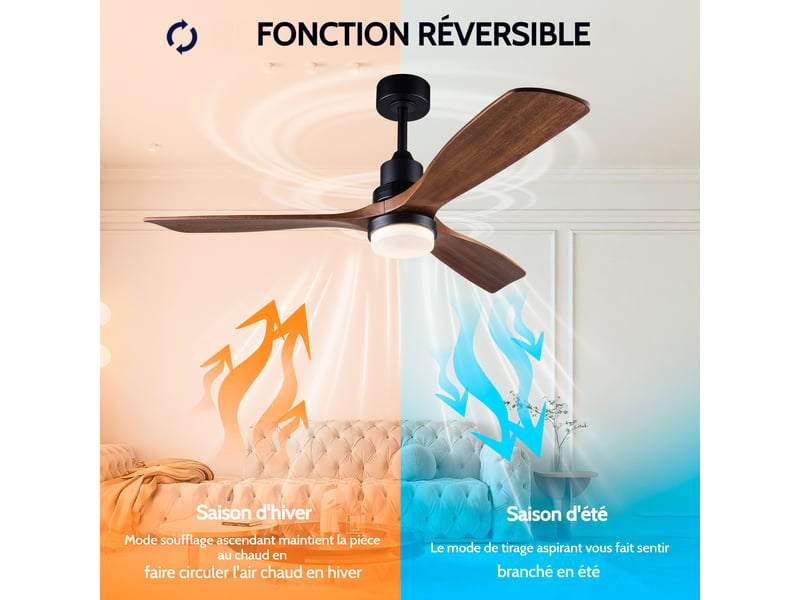  Ventilateur de plafond 132 cm en bois de noyer, avec lumière led dimmable et télécommande, moteur dc silencieux pour salon et chambre  - Conforama D