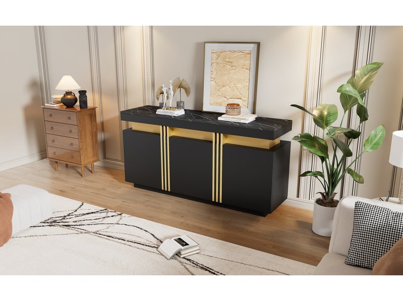  Buffet salle à manger noir 140x38x70 cm, meuble bas 3 portes avec rangements modulaires et plateforme supérieure pour décoration  - Conforama W
