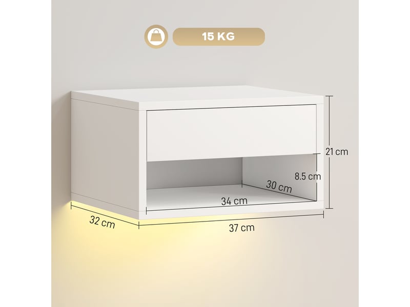  Ensemble de 2 tables de chevet suspendues avec led rgb intégrées et réglables via application, tiroir et étagère, 37 x 32 x 21 cm, blanc  - Conforama E