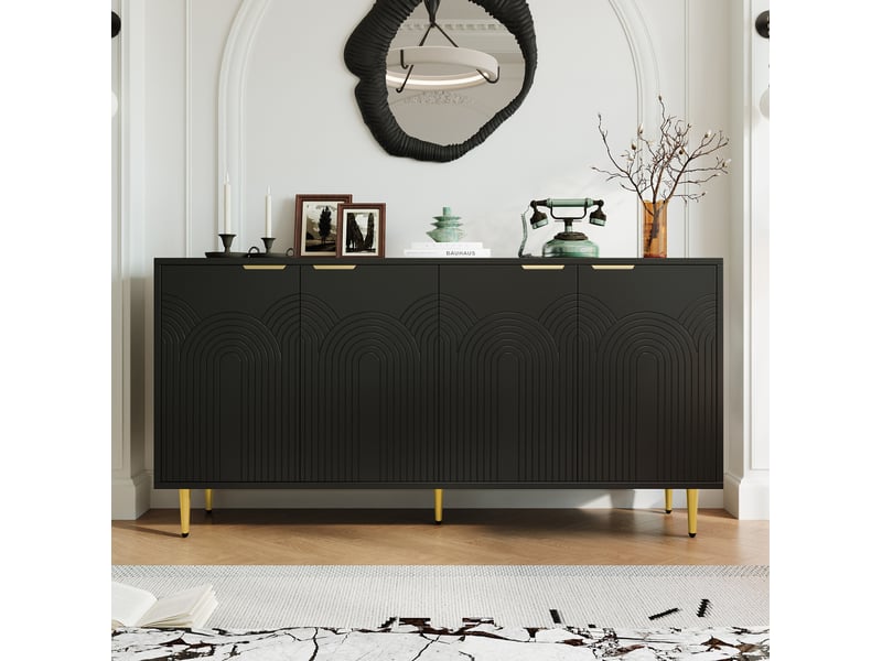 Buffet 4 portes 160x40x80 cm, étagères réglables en mdf et panneaux de particules noir  - Conforama D
