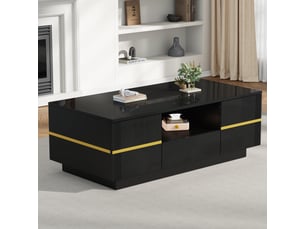 Table basse 100x50x35.5 cm - led intégrée - 2 portes à charnières - tiroir - tablette semi-ouverte - convertible - noir et or