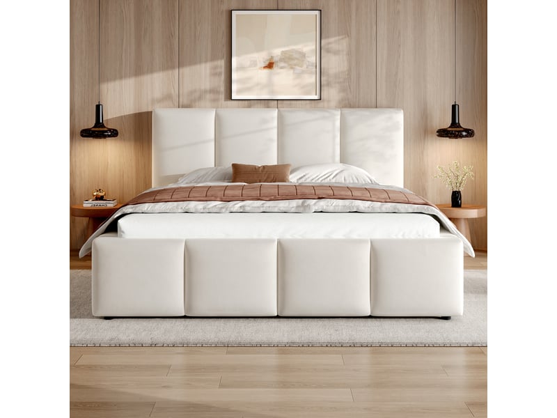  Lit plateforme 180x200 cm beige, tissu chenille, tête de lit rembourrée 11 cm, sommier à lattes inclus, structure anti-glissement  - Conforama W