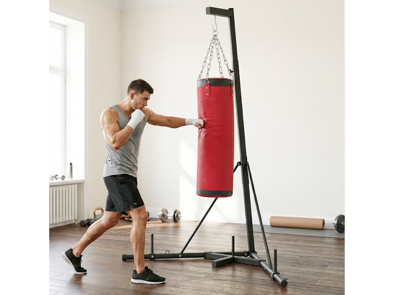  Support de sac de frappe réglable avec base triangulaire et sac de frappe, en acier et toile, 175 x 91 x 185-231 cm, rouge  - Conforama D