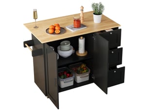 Desserte de cuisine mobile avec plateau rabattable et rangement - mdf noir et naturel 135 × 70 × 90 cm