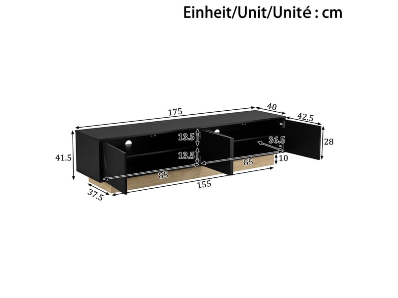  Meuble tv ulevr 175 cm avec rangement, 4 portes push-to-open et passe-câbles, mdf noir avec socle décor bois  - Conforama C