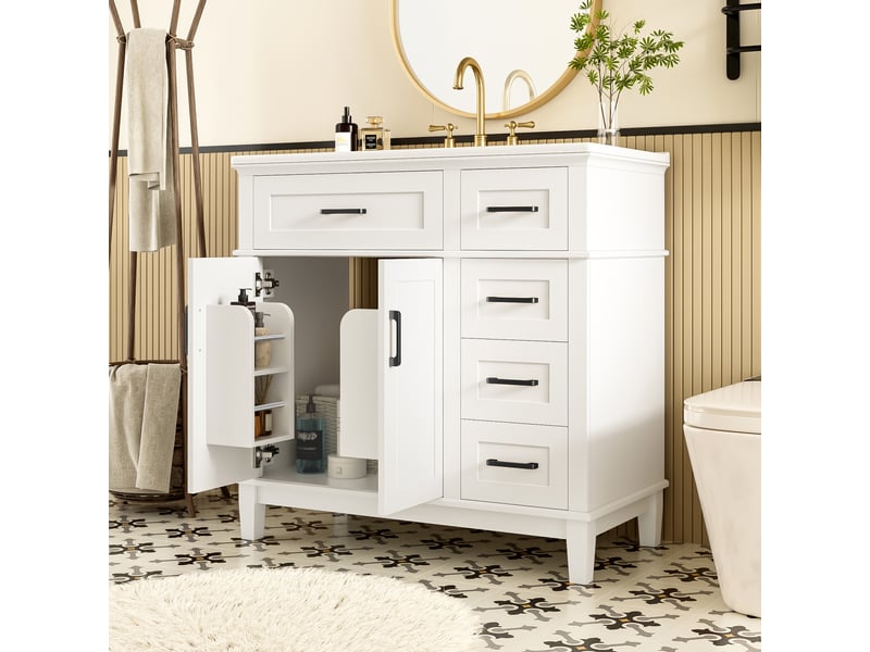  Armoire de salle de bain sur pied - blanc - amortissement silencieux des tiroirs - poignée rabattable 90x46x87cm - Conforama C