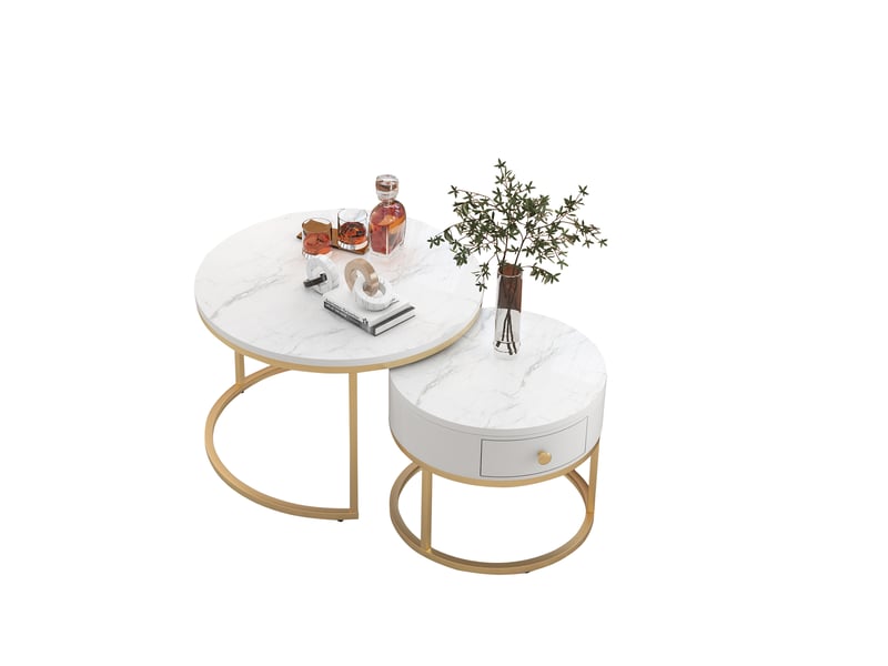 Ensemble de 2 tables basses gigognes modernes, finition brillante, motif marbre. Tables basses rondes gigognes.  - Conforama A