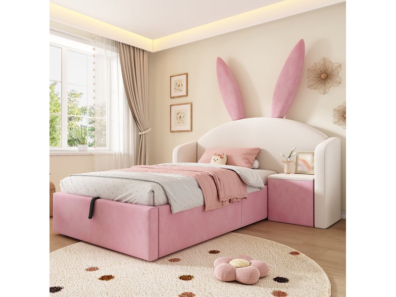  Modenvie lit enfant coffre 90x190 cm - table de chevet modulable et rangement hydraulique, sans matelas - beige et rose  - Conforama B