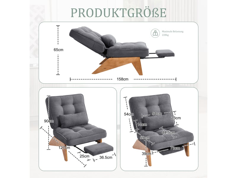  Fauteuils - fauteuil relax avec repose-pieds et coussin lombaire, dossier réglable, pieds bois, velours côtelé, 127×73×90 cm - gris foncé  - Conforama E