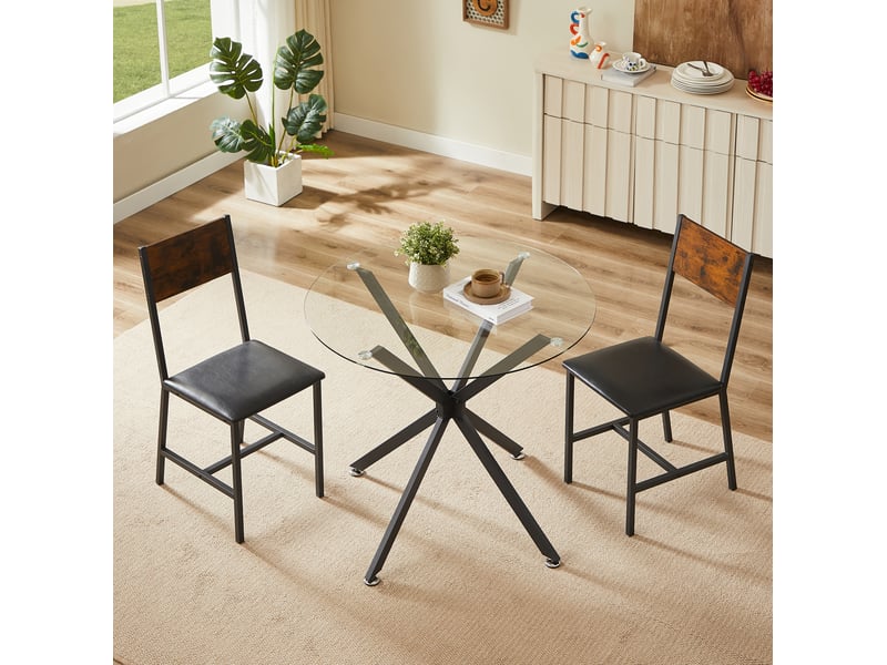 Table de salle à manger avec plateau en verre trempé et pieds métalliques réglables pour cuisine, salon ou bureau, noire - Conforama C