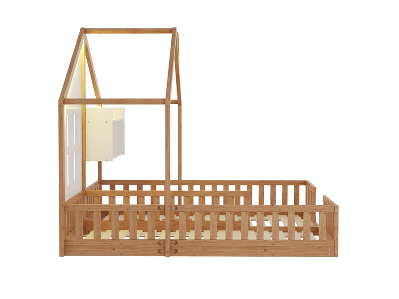  Lit cabane enfant 2 x 90x200 cm – bois naturel – led multicolores, étagères et sommiers – sans matelas  - Conforama D