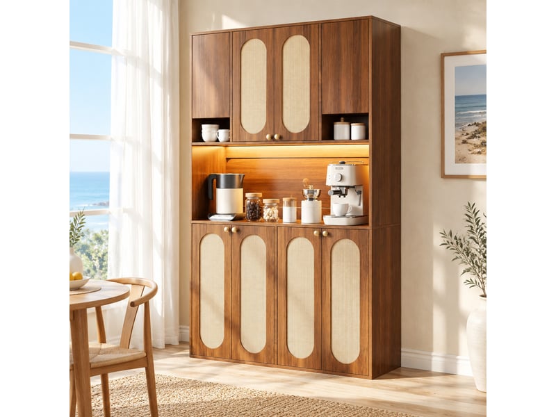  Buffet haut 8 portes avec niches, led et fermeture douce pour salle à manger en mdf 106×40×178 cm naturel  - Conforama B