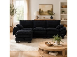 Canapé droit 3pl 260x132x84 cm, pouf avec rangement, assise généreuse, port de charge, poches latérales, velours côtelé noir, pour le salon