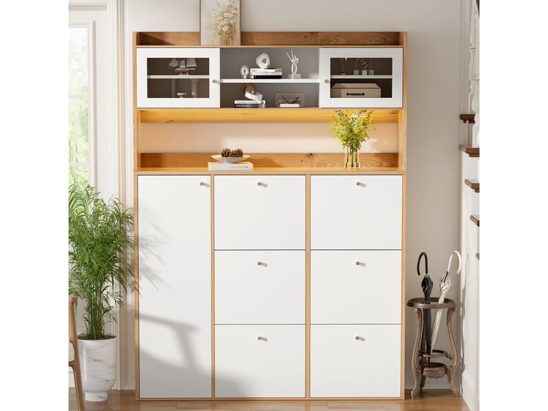  Meuble à chaussures étroit 130x25x85 cm avec porte battante et led, panneau de particules blanc  - Conforama W