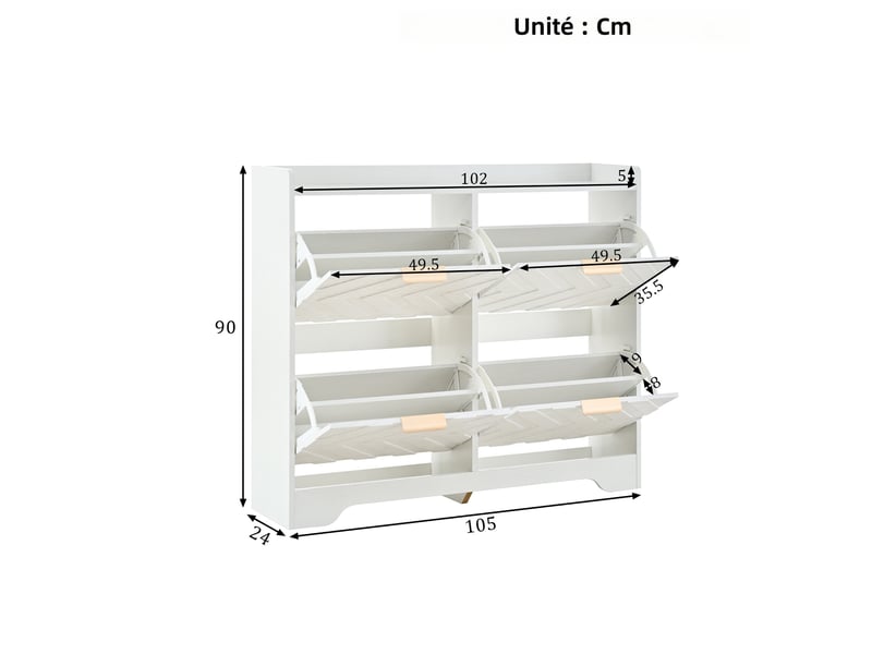Rangement à chaussures 4 compartiments, façade en relief 3d, plateau dessus, gain de place, meuble d'entrée en bois blanc BUYDEEMEUS - Conforama C