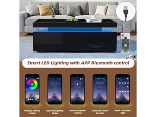 Table basse noire brillante avec led et 2 tiroirs, 95x45x35 cm, panneau de particules, noir