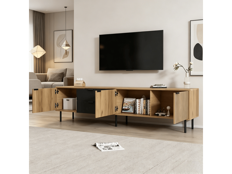  Meuble tv 208x40x48 cm - meuble bas avec 3 tiroirs, gestion des câbles, pour tv jusqu’à 85 pouces, panneau de particules - noir et naturel  - Conforama B