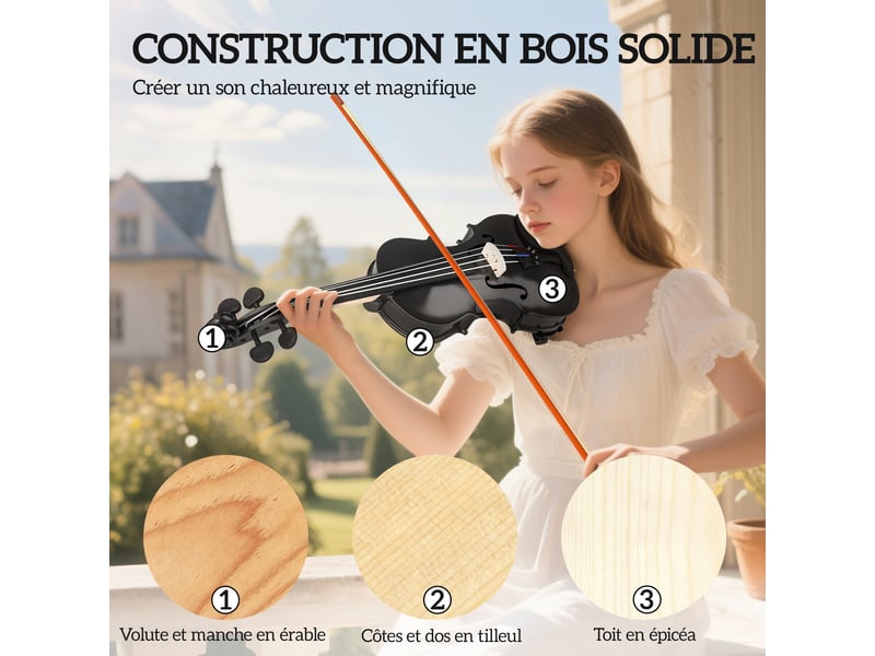  Violon 44 ensemble de violon en bois massif pour adultes et débutants avec étui léger et portable 60 x 21 cm noir  - Conforama E