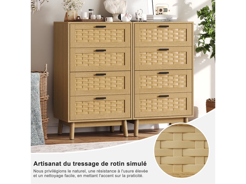  Commode en bois et rotin avec 4 tiroirs, meuble de rangement cannage scandinave, 55x40x95 cm  - Conforama E
